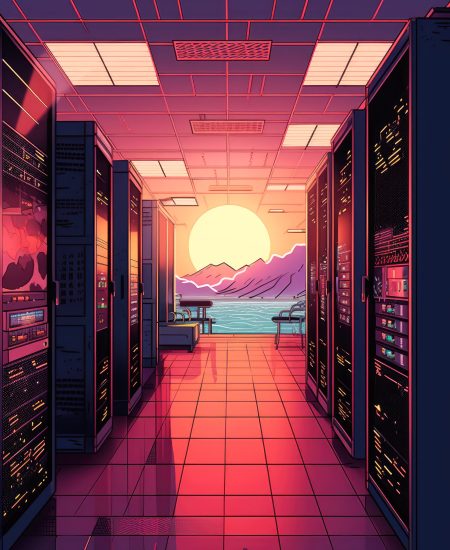 generated illustration of IT working server room with rows of supercomputer